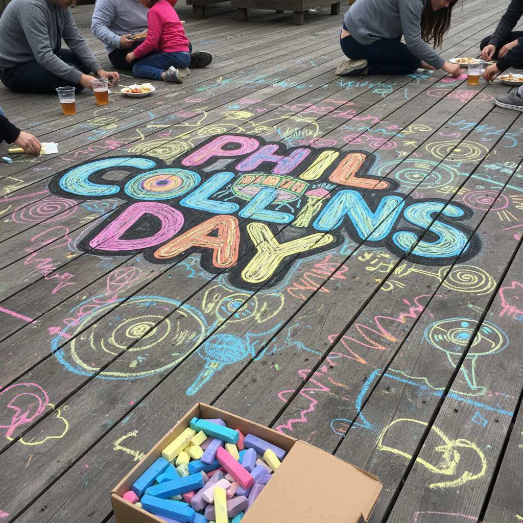 A colorful, chalk-filled sidewalk art zone on the rooftop deck of Berry Park, with a large, playful Phil Collins Day logo sketched across the wooden planks, surrounded by doodles of drums, records, radio waves, and cartoon soundwaves. An open box of chunky sidewalk chalk sticks in bright blues, pinks, yellows, and greens sits in the foreground, some pieces worn down and dusting the wood with colorful powder. Soft overcast daylight provides even, diffused lighting, minimizing harsh shadows and emphasizing the rich pigment of the chalk. Photographic realism, shot from a low, slightly angled perspective that makes the drawings feel immersive. The mood is creative, fun, and inclusive, emphasizing community art and playful participation at the fundraiser event.