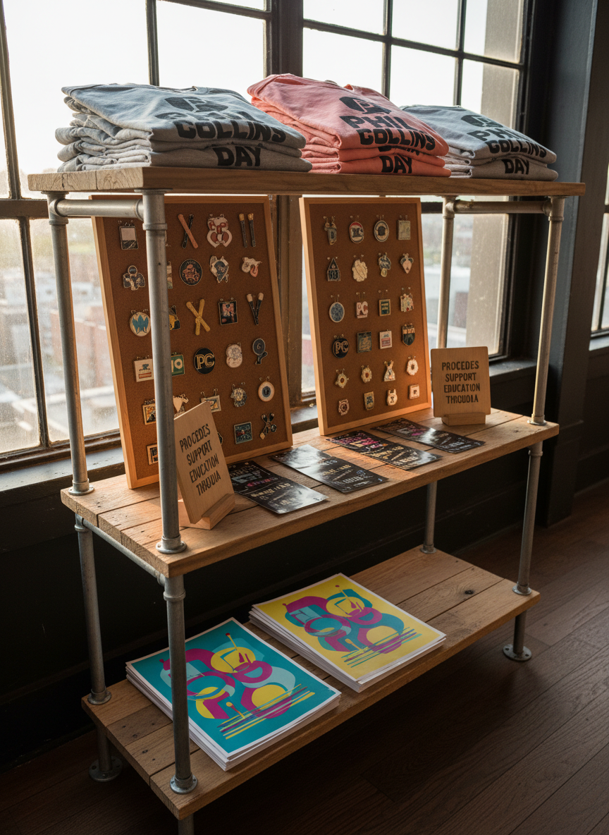 A neatly curated Phil Collins Day merch display on a rustic metal-and-wood shelving unit: folded heather-gray and soft coral T-shirts with a bold, graphic logo; enamel pins shaped like drumsticks and vinyl records arranged on cork boards; and screen-printed posters featuring stylized, abstract drum sets and Soundwave patterns in teal, yellow, and magenta. Small placards explain that proceeds support Education Through Media. The shelf sits near a large rooftop window at Berry Park, with natural afternoon light streaming in, creating soft highlights on the printed inks and casting gentle shadows behind the items. Photographic realism, three-quarter angle shot with moderate depth of field so every product is clearly visible. The atmosphere is bright, playful, and design-forward, emphasizing both style and purpose.