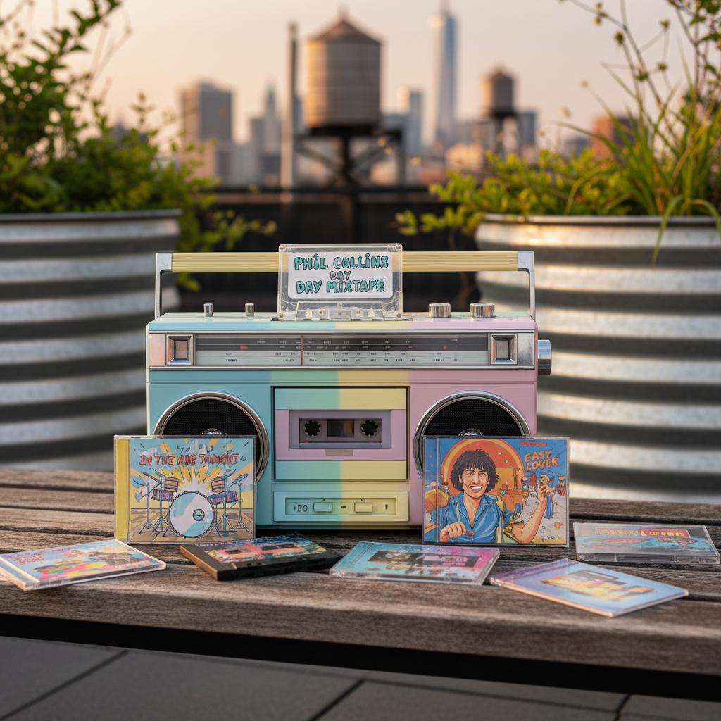 A close-up of a retro boombox painted in soft pastel colors, sitting on a wooden bench at Berry Park’s rooftop, with its cassette door open to reveal a custom Phil Collins Day mixtape labeled in hand-drawn, playful lettering. Around it are scattered jewel-case CDs and cassette tapes with vibrant, 80s-inspired cover art referencing iconic Phil Collins song themes, all slightly fanned out. In the softly blurred background, you can see the hint of a Brooklyn skyline and rooftop plants in large metal planters. Late afternoon natural light creates bright highlights on the plastic and chrome surfaces, with subtle reflections. Photographic realism, shallow depth of field, centered composition, creating a nostalgic yet upbeat mood that celebrates music and memory.