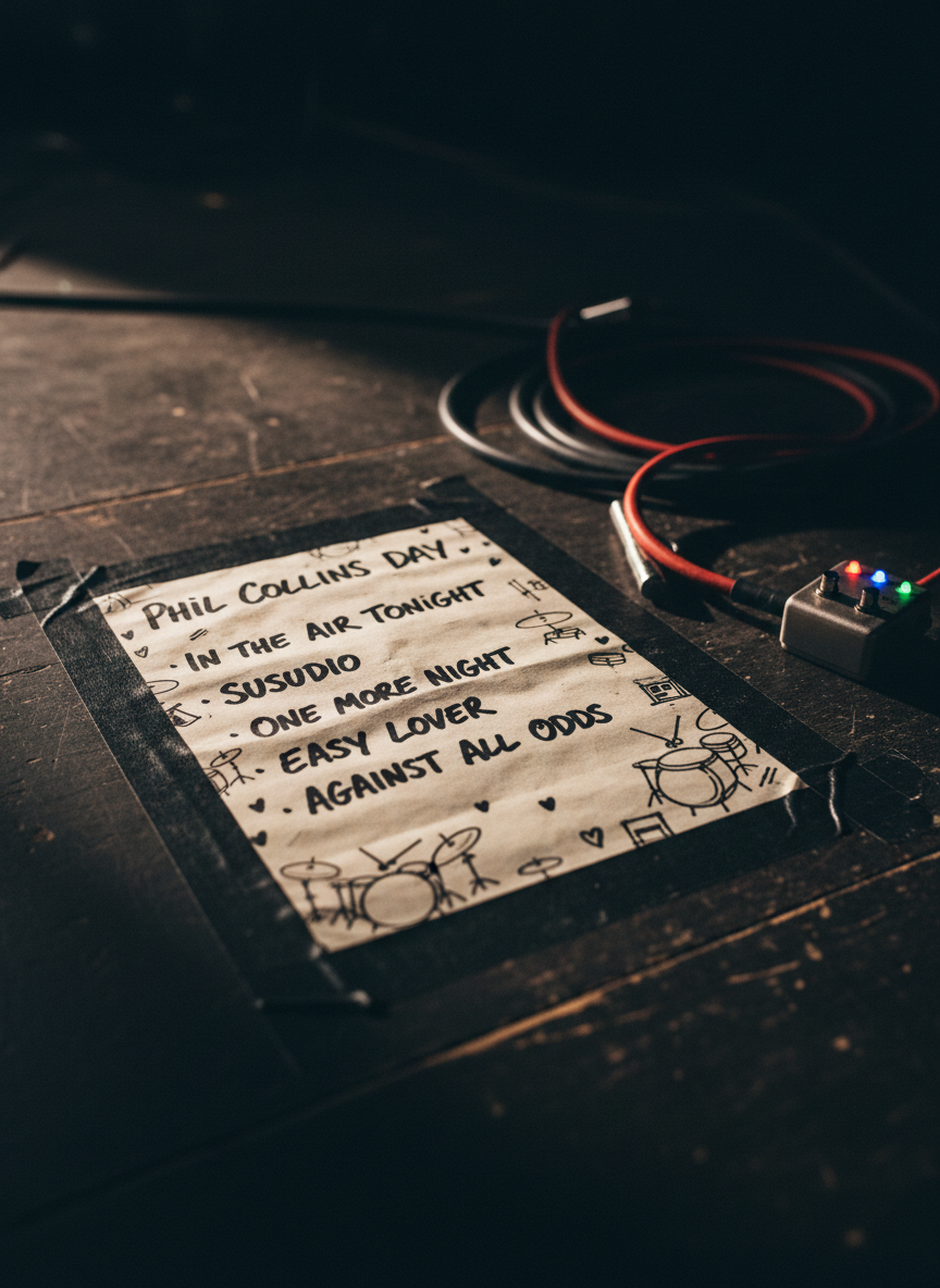 An intimate close-up of a worn, handwritten setlist for Phil Collins Day lying on a dark, scuffed stage floor at Berry Park. The paper is taped down at the corners with matte black gaffer tape, showing song titles in bold marker with small doodles of drums and hearts in the margins. Nearby, coiled instrument cables, a drum key, and a small, glowing pedal with colored LEDs sit slightly out of focus, hinting at live performance energy. Dramatic, low stage lighting from the side creates high contrast, with bright highlights on the paper and deep, moody shadows around it. Photographic realism, shallow depth of field, low-angle close-up composition. The atmosphere is anticipatory, electric, and reverent toward the music that inspires the event.