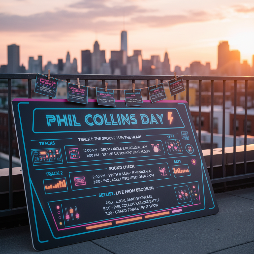 A playful, oversized event schedule board for Phil Collins Day leaning against a rooftop railing at Berry Park, designed like a retro recording studio interface, with sections labeled as different “tracks” and “sets.” The board is printed on sturdy matte foam-core with vibrant colors: deep navy background, neon accents, and whimsical icons of mixers, drums, and cassette tapes. Clothespins along a string above hold smaller cards listing community activities and media education workshops. The Brooklyn skyline is softly blurred behind, with evening light turning the sky peach and lavender. Photographic realism, eye-level framing using rule of thirds so the board anchors one side of the image. The mood is organized yet fun, clearly conveying the event’s playful personality and structured programming.